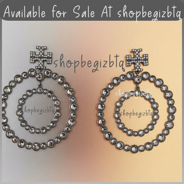 Tory Burch Gunmetal Crystal Doorknocker Hoop Earrings