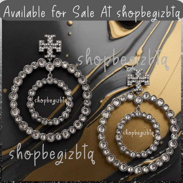 Tory Burch Gunmetal Crystal Doorknocker Hoop Earrings