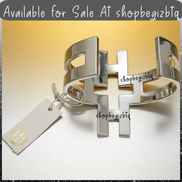 Authentic Tory Burch Hicks Large Bold Statement Polished Silver Wide Open Cuff Bracelet