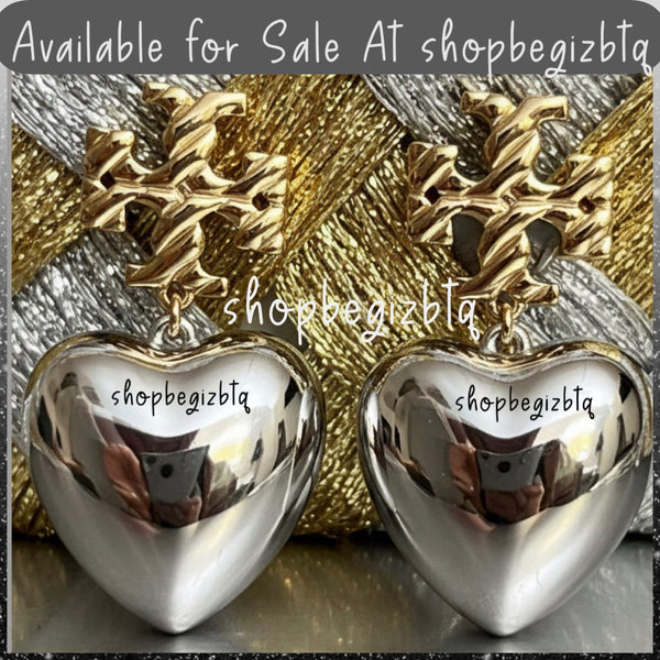 Authentic Tory Burch Textured Heart Drop Earrings in Gold and Silver