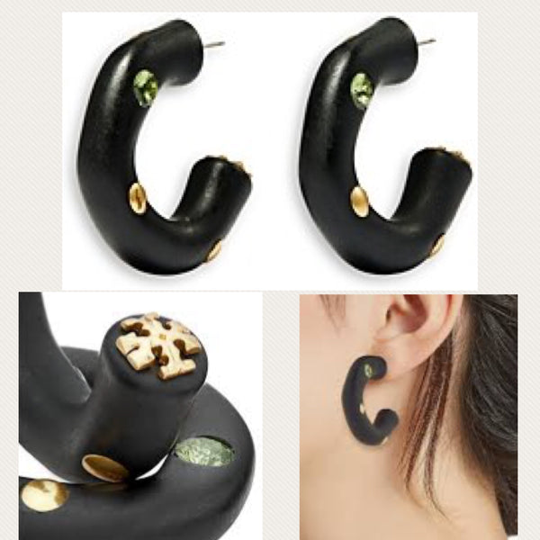 Tory Burch Roxanne Pavé & Stud Color C Hoop Earrings in 18K Gold Plated In Black And Resin Glass Crystals