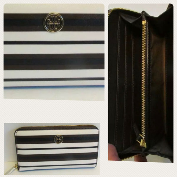 Tory Burch Robinson Printed Zip Continental Wallet in Black Brown And White Raisin Stripe