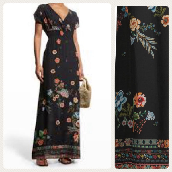 Johnny Was Ardell Black Floral Smocked Maxi Dress Size XX Large