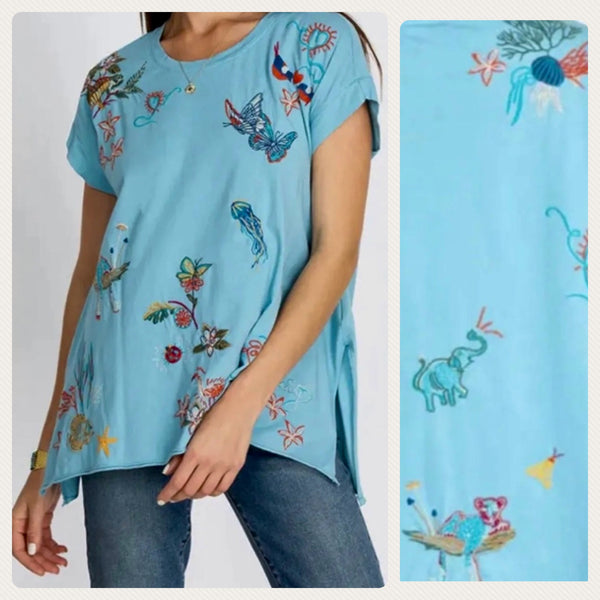 Johnny Was Zoe Embroidered Draped T-Shirt Small