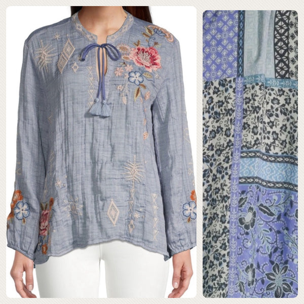 Johnny Was Umoya Scarf Back Blouse Denim Blue Small