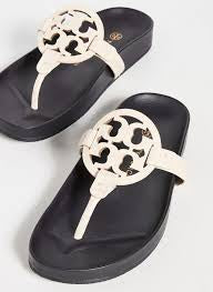 Tory Burch Miller Cloud Leather Thong Sandals New Cream / Dark Navy ( Looks Black) Size 8 M