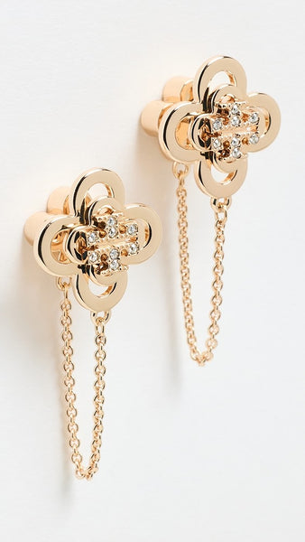 Tory Burch Kira Clover Front-Back Stud Earrings Gold with Crystals