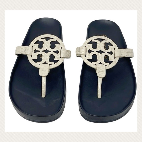 Tory Burch Miller Cloud Leather Thong Sandals New Cream / Dark Navy ( Looks Black) Size 8 M