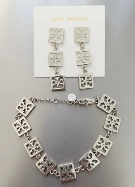 Authentic Tory Burch Miller Silver Chain Bracelet and Drop Earrings Silver Set - 14K Silver Plated over Brass / Silver