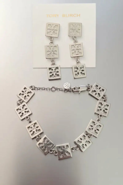 Authentic Tory Burch Miller Silver Chain Bracelet and Drop Earrings Silver Set - 14K Silver Plated over Brass / Silver