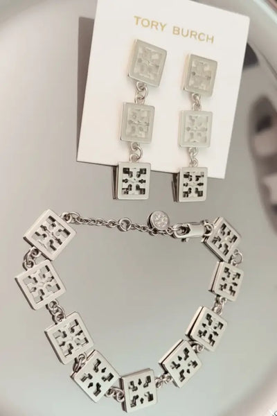 Authentic Tory Burch Miller Silver Chain Bracelet and Drop Earrings Silver Set - 14K Silver Plated over Brass / Silver