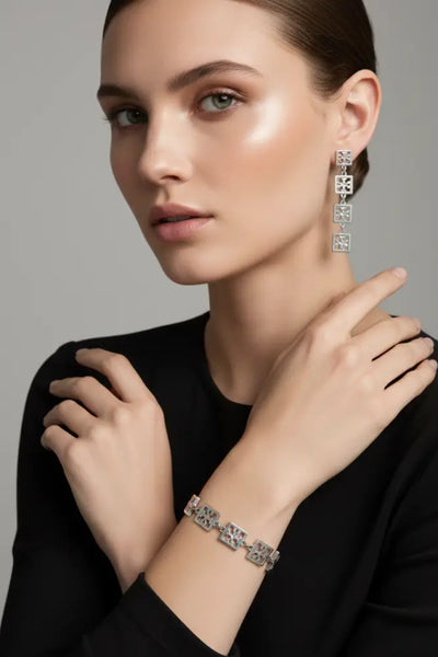 Authentic Tory Burch Miller Silver Chain Bracelet and Drop Earrings Silver Set - 14K Silver Plated over Brass / Silver