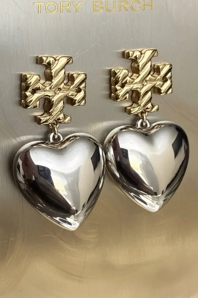 Authentic Tory Burch Textured Heart Drop Earrings in Gold and Silver - Gold and Metallic Silver / 18k gold plated brass