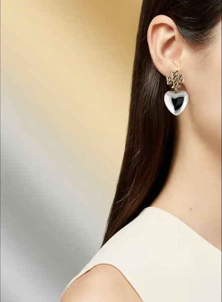 Authentic Tory Burch Textured Heart Drop Earrings in Gold and Silver - Gold and Metallic Silver / 18k gold plated brass
