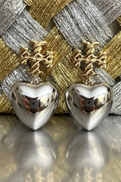 Authentic Tory Burch Textured Heart Drop Earrings in Gold and Silver - Gold and Metallic Silver / 18k gold plated brass