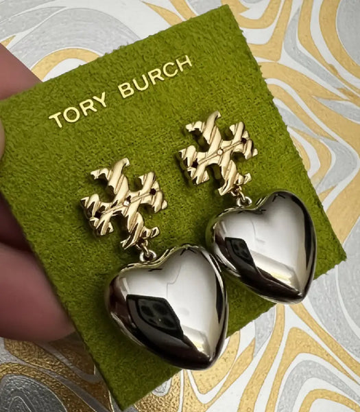 Authentic Tory Burch Textured Heart Drop Earrings in Gold and Silver - Gold and Metallic Silver / 18k gold plated brass