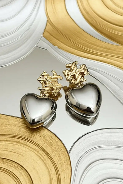 Authentic Tory Burch Textured Heart Drop Earrings in Gold and Silver - Gold and Metallic Silver / 18k gold plated brass