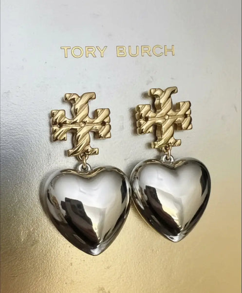 Authentic Tory Burch Textured Heart Drop Earrings in Gold and Silver - Gold and Metallic Silver / 18k gold plated brass