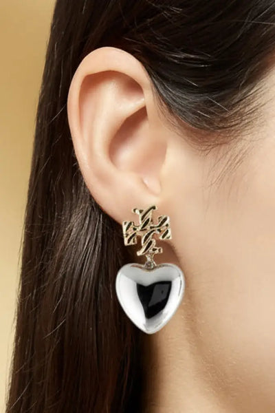 Authentic Tory Burch Textured Heart Drop Earrings in Gold and Silver - Gold and Metallic Silver / 18k gold plated brass