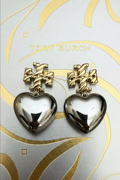 Authentic Tory Burch Textured Heart Drop Earrings in Gold and Silver - Gold and Metallic Silver / 18k gold plated brass