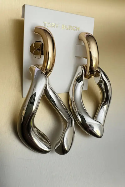 Authentic Tory Burch Wishbone Earrings Gold & Silver Polished Finished - Polished Silver and Gold / 18k-gold plated