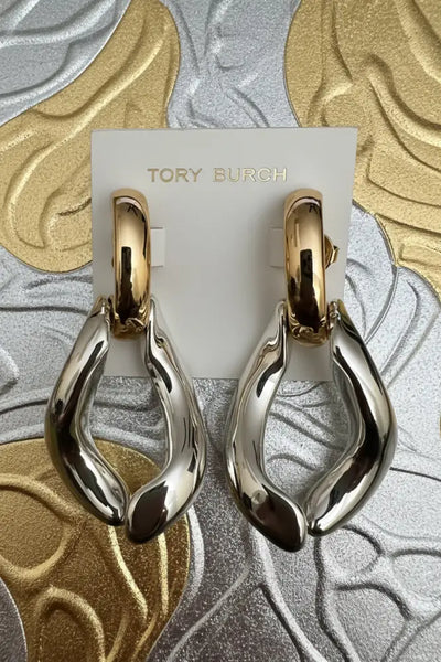 Authentic Tory Burch Wishbone Earrings Gold & Silver Polished Finished - Polished Silver and Gold / 18k-gold plated