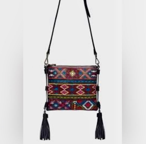 Johnny Was Zipped Black Leather Embroidery Tassel Crossbody Bag