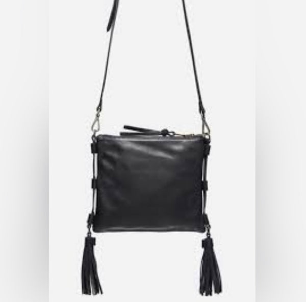 Johnny Was Zipped Black Leather Embroidery Tassel Crossbody Bag