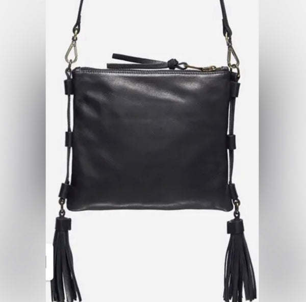 Johnny Was Zipped Black Leather Embroidery Tassel Crossbody Bag