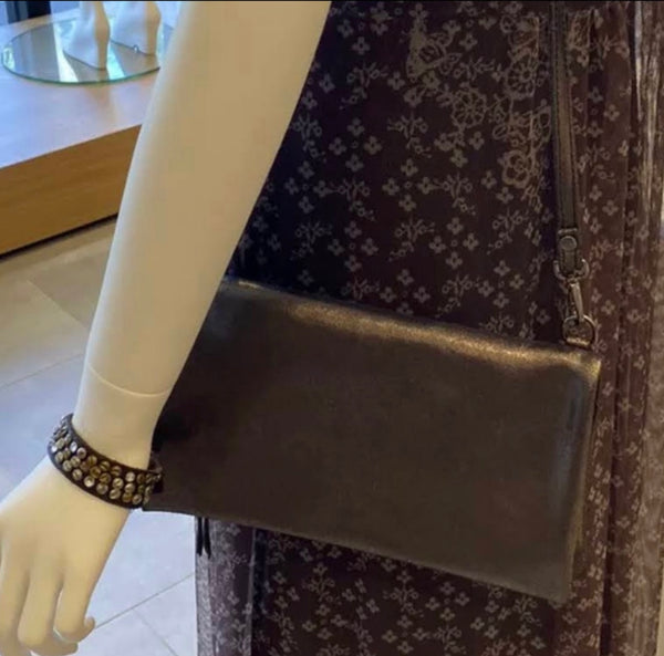 Johnny Was Gemma Laminated Suede Convertible Clutch Crossbody Bag Semi Metallic Bronze Tone