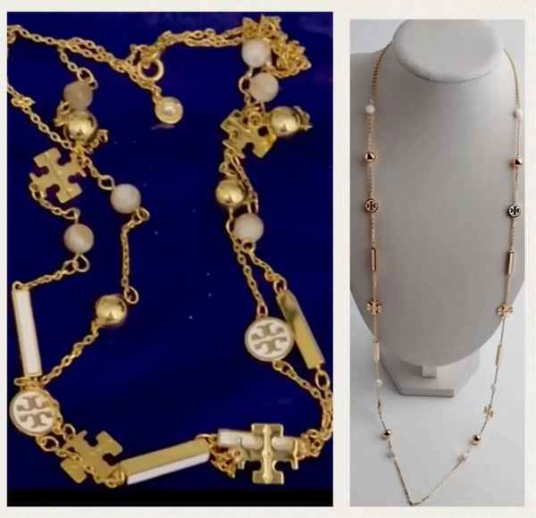 Tory Burch Long Necklace with Tory Logo and Enamel Charms Gold & Ivory - Authentic Tory Burch Long Necklace with Tory