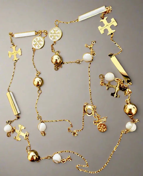 Tory Burch Long Necklace with Tory Logo and Enamel Charms Gold & Ivory - Authentic Tory Burch Long Necklace with Tory