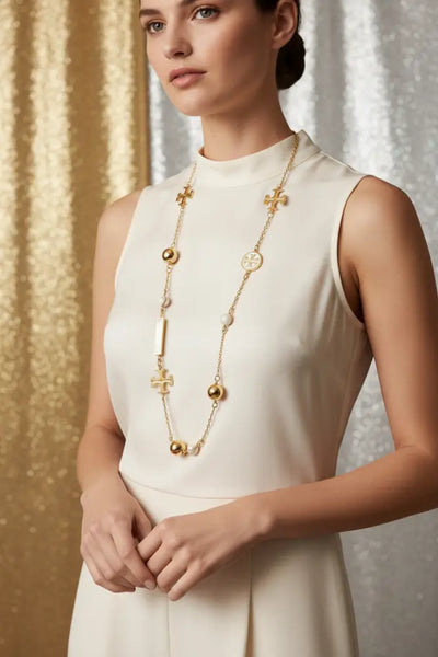 Tory Burch Long Necklace with Tory Logo and Enamel Charms Gold & Ivory - Authentic Tory Burch Long Necklace with Tory