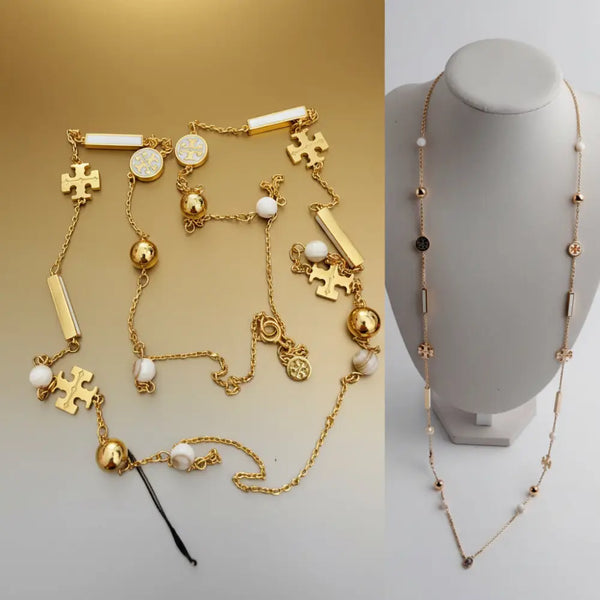 Tory Burch Long Necklace with Tory Logo and Enamel Charms Gold & Ivory - Authentic Tory Burch Long Necklace with Tory