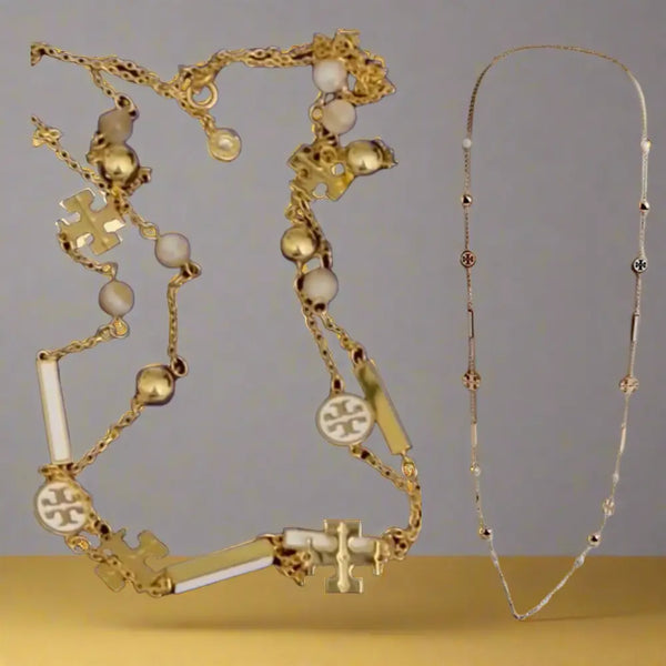 Tory Burch Long Necklace with Tory Logo and Enamel Charms Gold & Ivory - Authentic Tory Burch Long Necklace with Tory