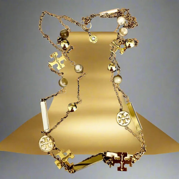 Tory Burch Long Necklace with Tory Logo and Enamel Charms Gold & Ivory - Authentic Tory Burch Long Necklace with Tory