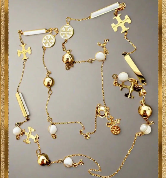 Tory Burch Long Necklace with Tory Logo and Enamel Charms Gold & Ivory - Authentic Tory Burch Long Necklace with Tory