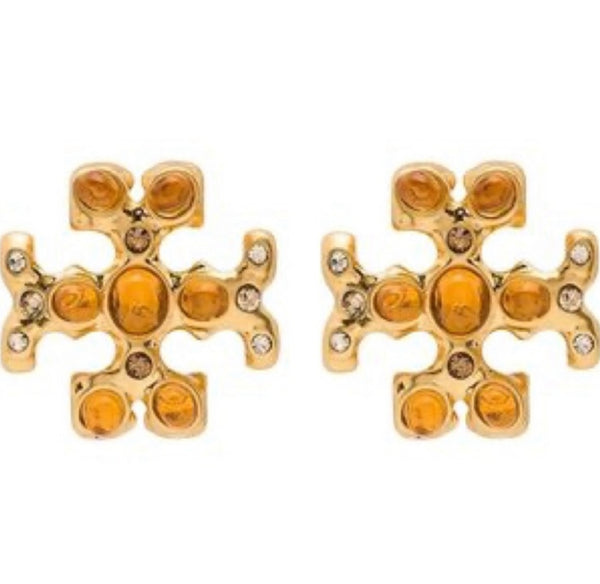 Tory Burch Roxanne Gold Tone Crystals & Resin Logo Stud Earrings