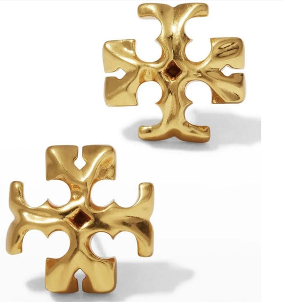 Tory Burch Double T Logo Roxanne Golden Large Stud Earrings