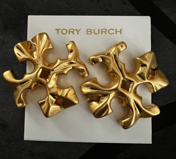 Tory Burch Double T Logo Roxanne Golden Large Stud Earrings