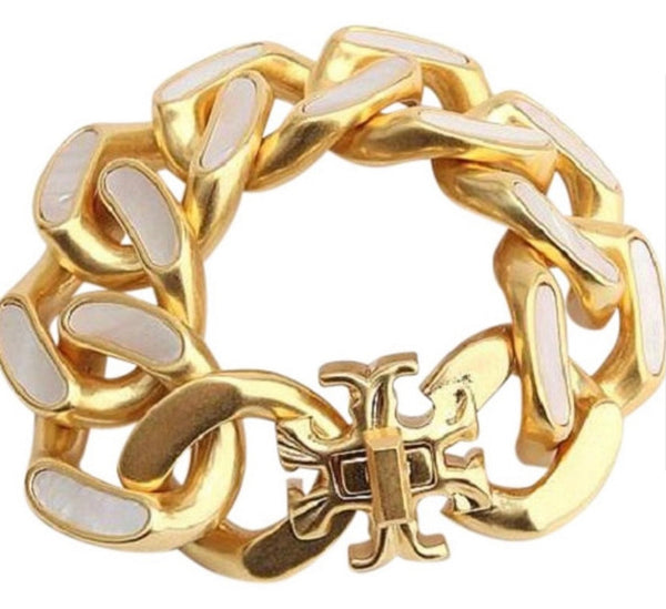 Tory Burch Roxanne Inlay Chunky Gold and Mother of Pearl Chunky Bold Statement Bracelet