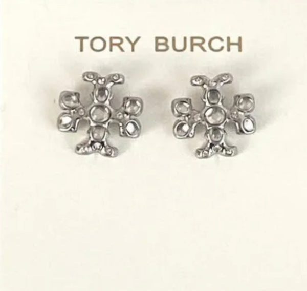 Tory Burch Roxanne Silver Tone Crystals & Resin Logo Stud Earrings