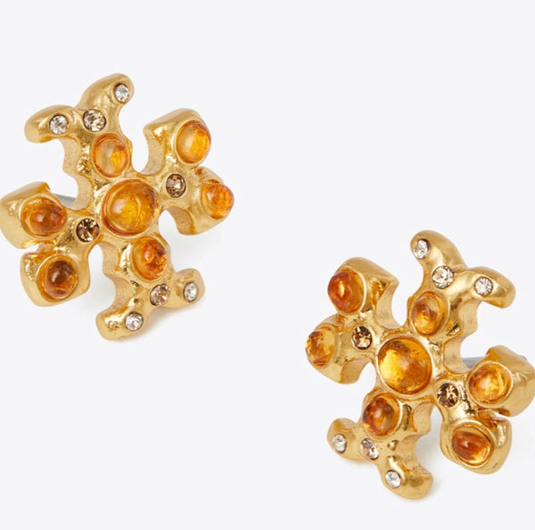 Tory Burch Roxanne Gold Tone Crystals & Resin Logo Stud Earrings