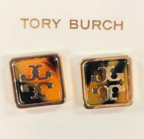 Tory Burch Gold Resin Square Stud Earrings Tortoise and Gold