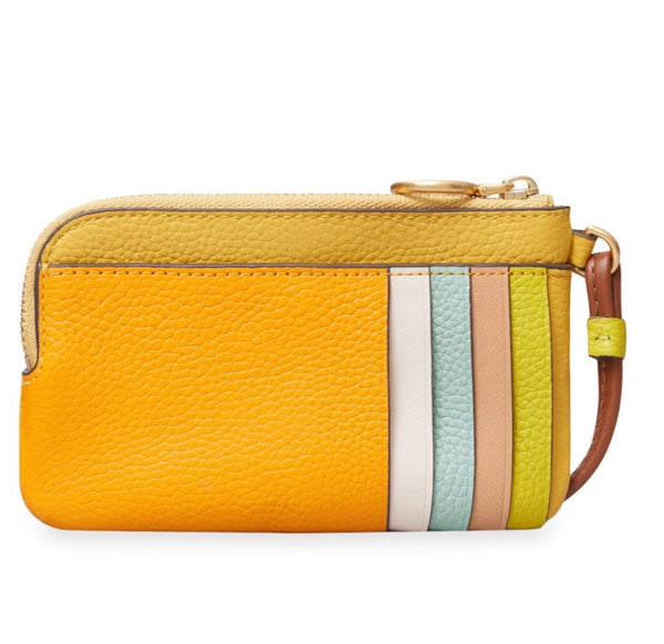 Tory Burch Perry Bombé Leather Color Block Zip Card Case Wristlet Yellow And Multicolor